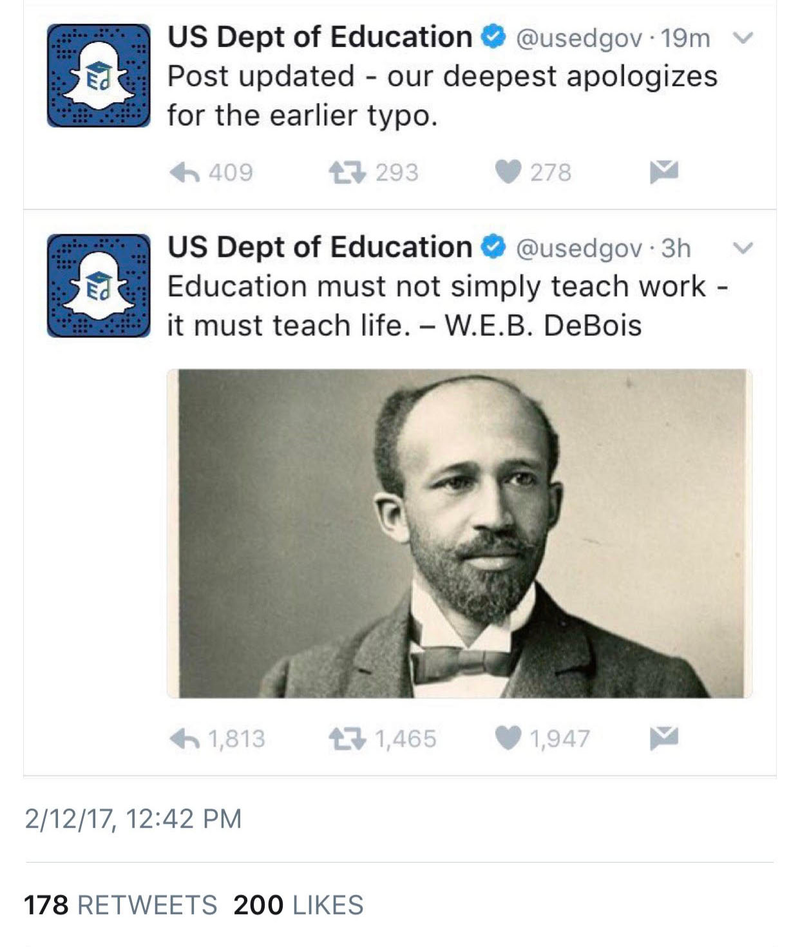 Illustration for article titled Department of Education’s Twitter Account Just Quoted Some Man Named W.E.B. DeBois